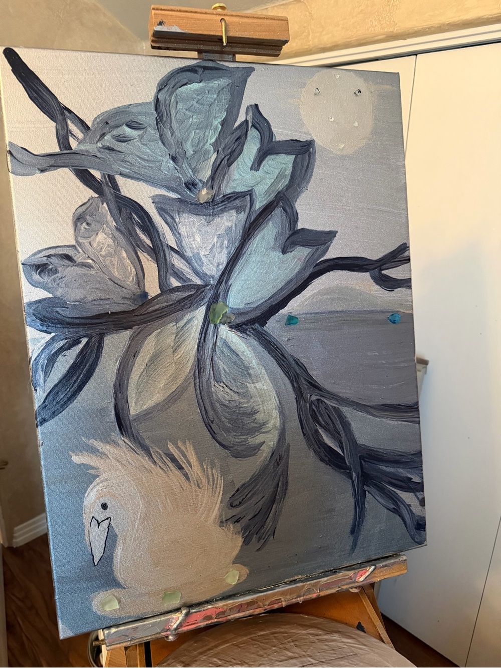 Blue Floral Canvas Art Painting - Hand-Painted Home Accent